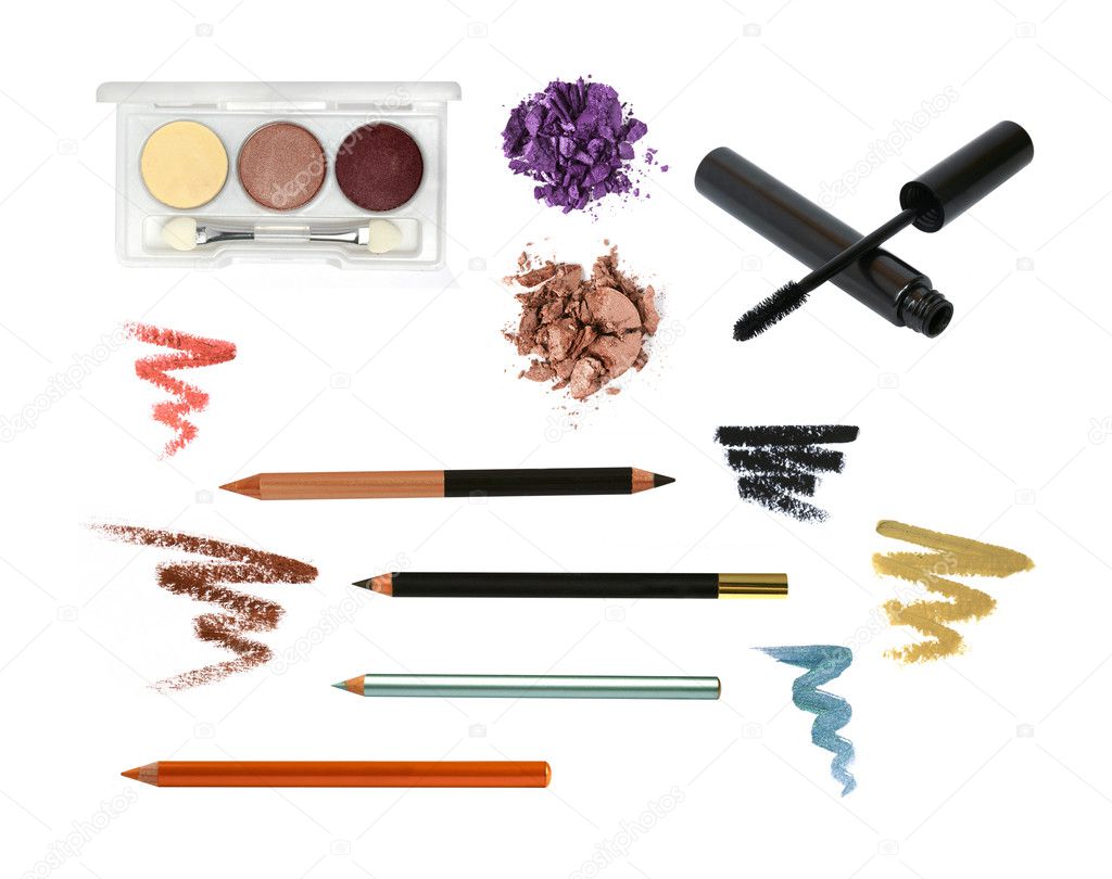 Decorative cosmetic products for eye makeup isolated on white. Pencil