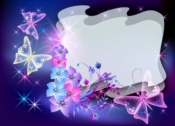 Glowing transparent flowers and butterfly