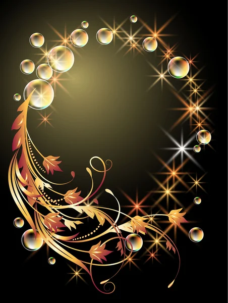 Background with sphere, golden flowers, stars and bubbles