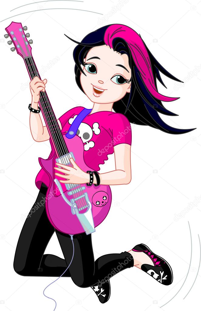 Rock star girl playing guitar - Stock Illustration