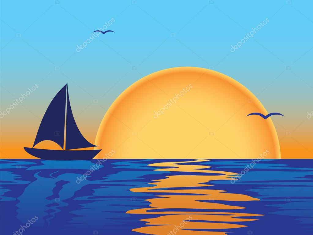 Sea sunset with boat silhouette - Stock Illustration