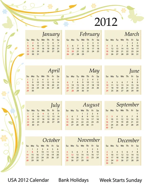 2012 Annual Calendar  Holidays on Calendar 2012   Usa   Image Vectorielle Eireann     5291168