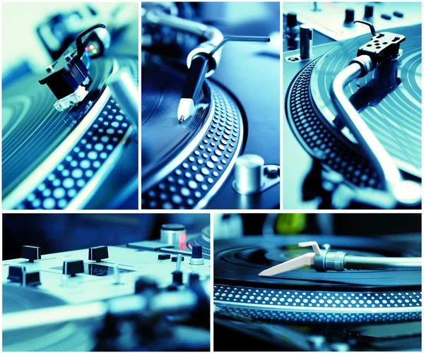 Collage of turntables playing vinyl records