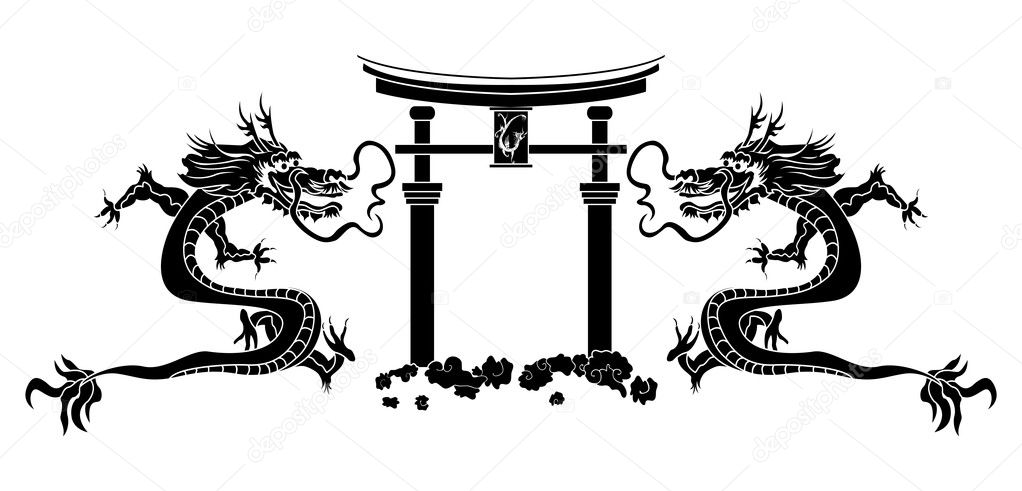 Torii and asian dragons stencil vector illustration for design