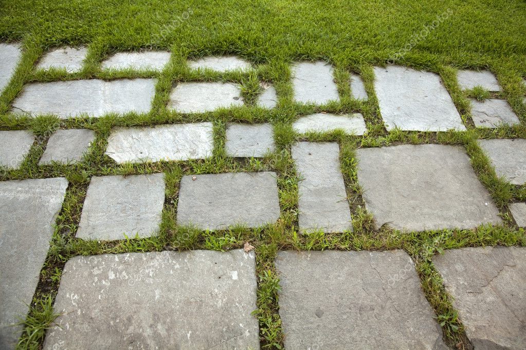 Grass And Stone Slabs Stock Photo Portokalis 5016527 Over Grown Lawn And Slate Patio Lush Green Landscape Sunlight Abstract Background Of Paving Stone Photo By Portokalis