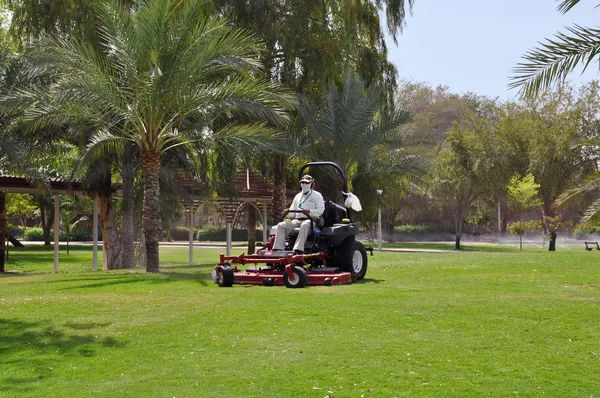 Worker on a riding lawn mower cutting the grass