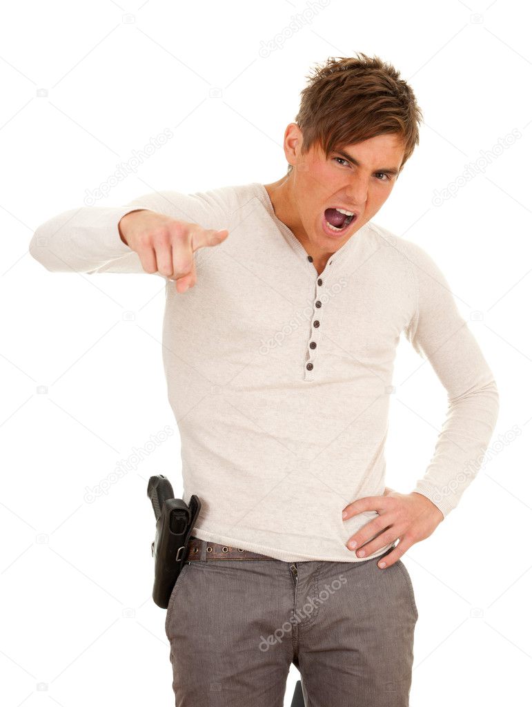 stock photo man pointing gun at camera