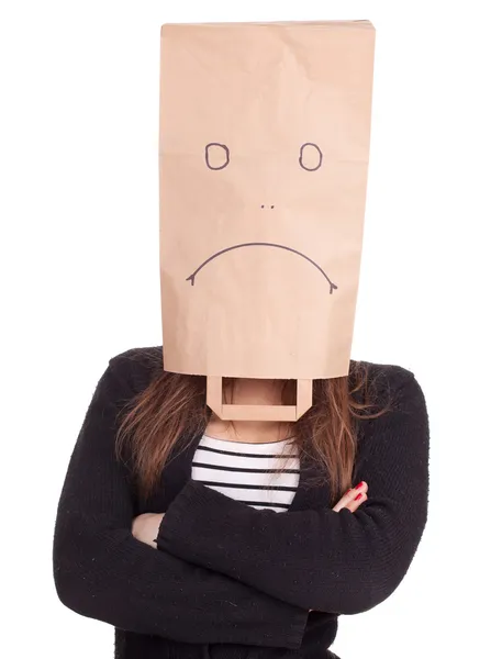 Woman in sad paper head, series