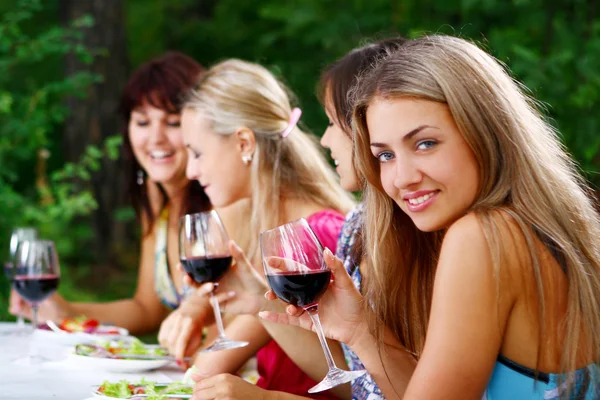 Group of beautiful girls drinking wine by yekophotostudio - Stock Photo