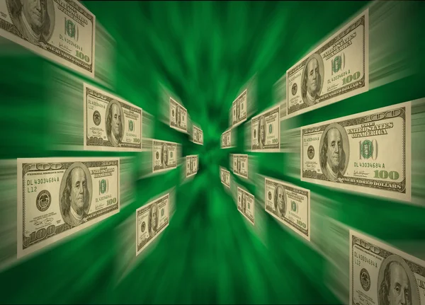 100 bills flying through a green vortex