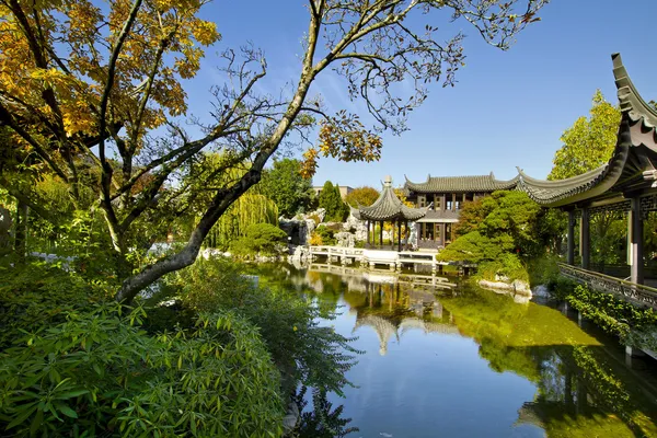 Chinese Garden by the Pond in Autumn