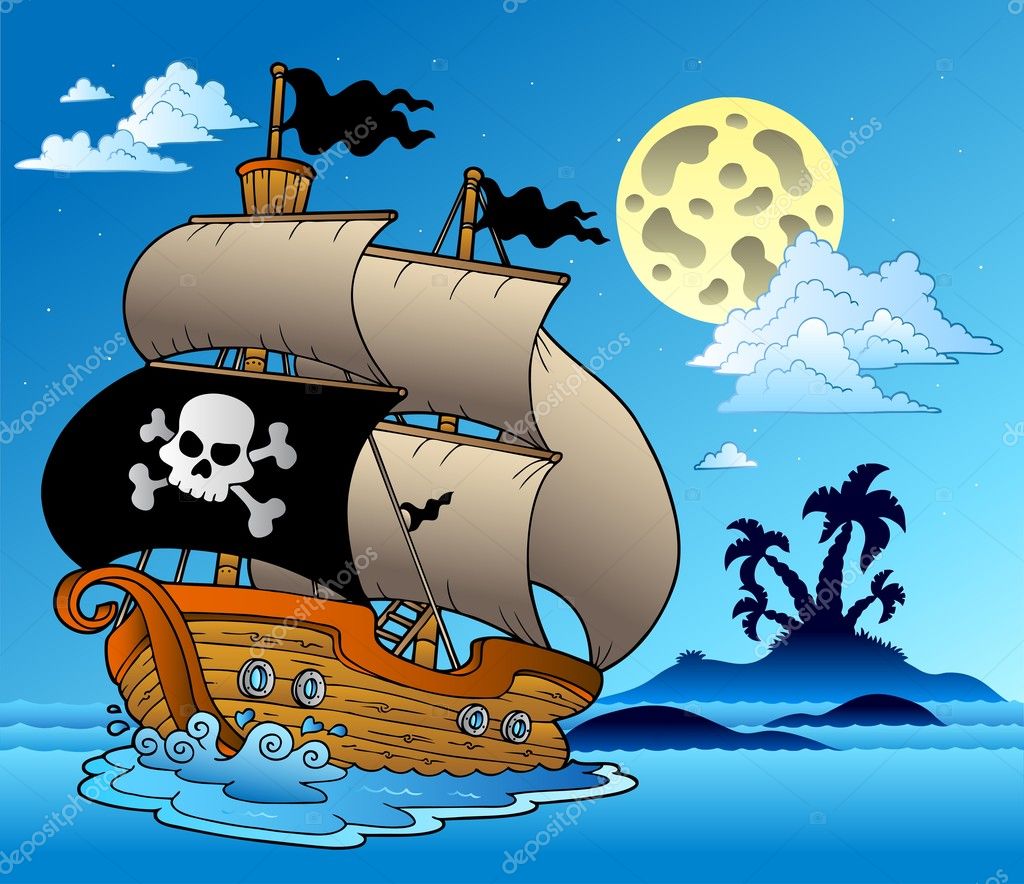 Pirate sailboat with island silhouette - Stock Illustration