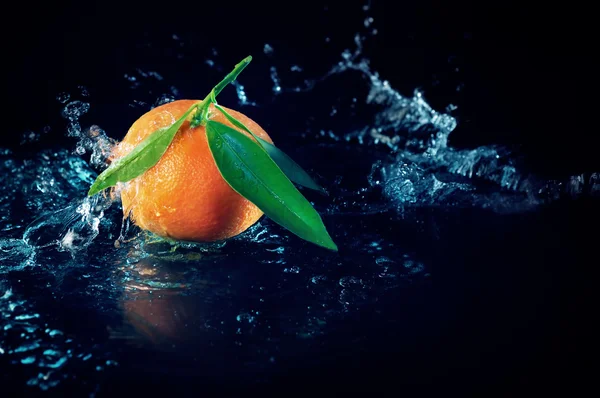 Orange on a black background with water