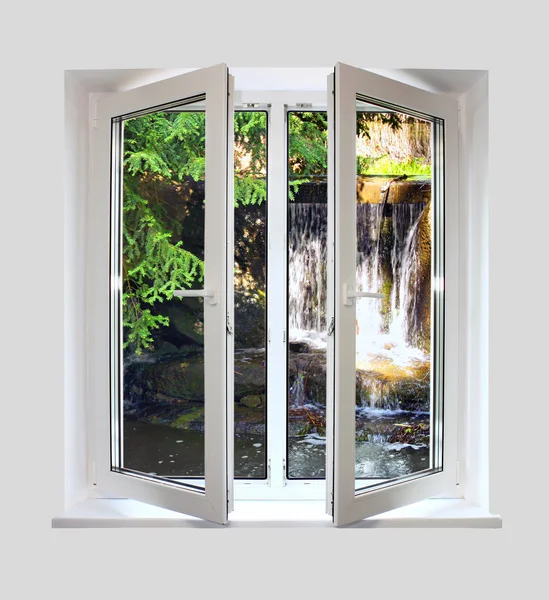 Open plastic window with a kind on waterfall