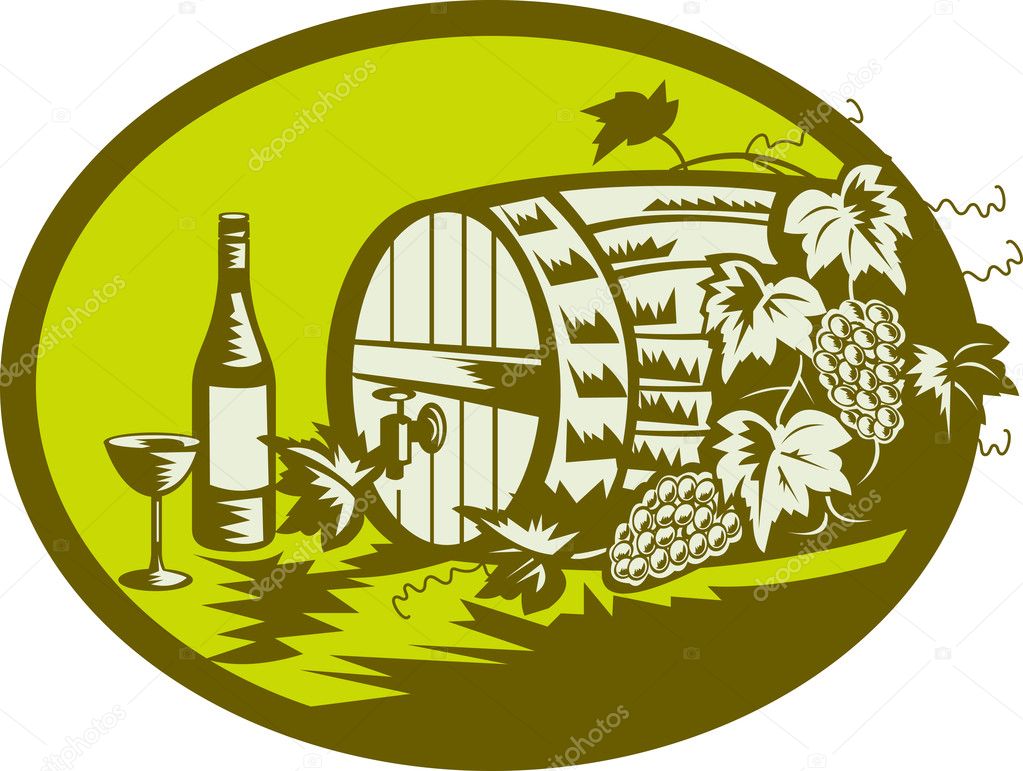 Wine barrel keg with grape vine and wine bottle and glass - Stock