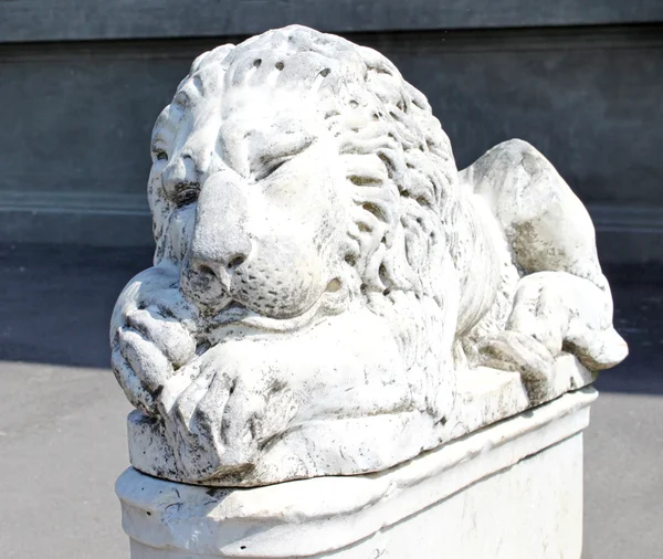 Lion statue sits majesticaly on it\'s pedestal
