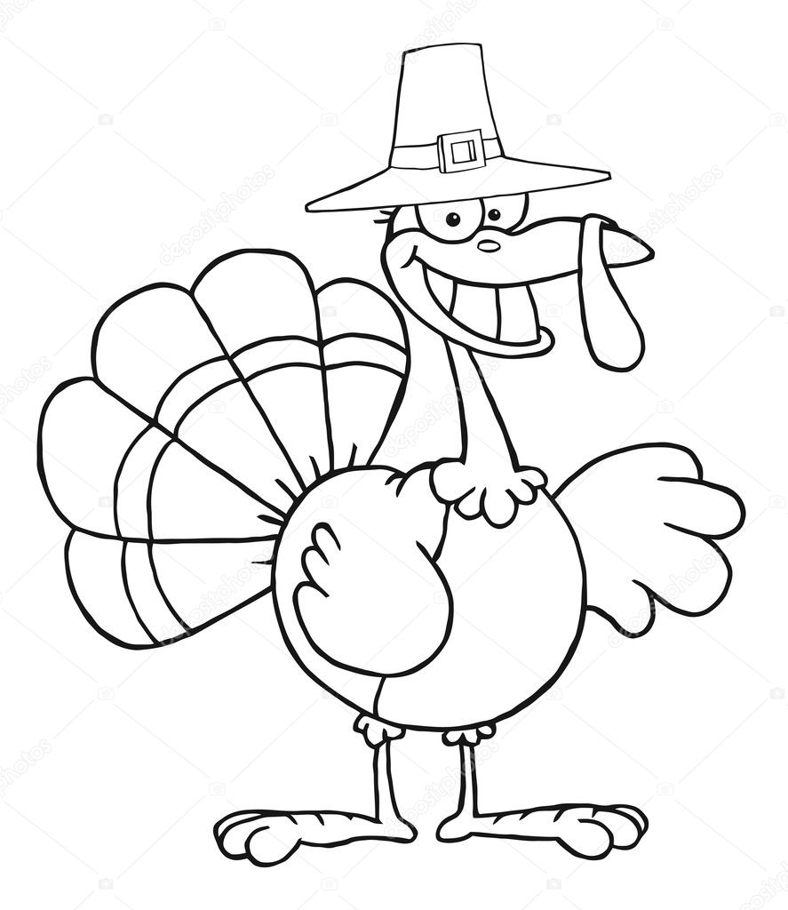 Outlined Turkey Cartoon Character With Pilgrim Hat — Stock ...
