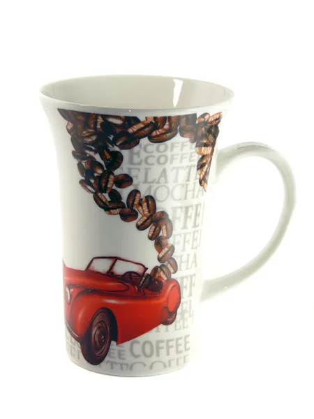 Cup with coffee beans and a car isolated on white background
