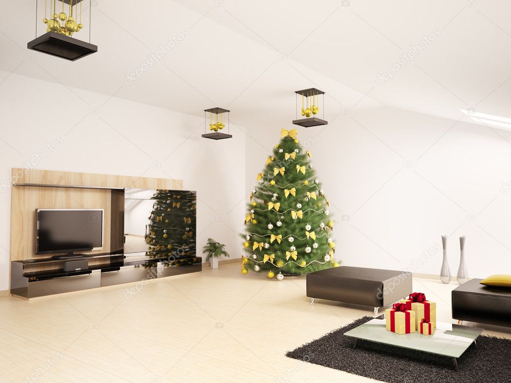 Julgran gran i moderna vardagsrum inredning 3d renderã¯ãªã¹ãã¹ã® ...