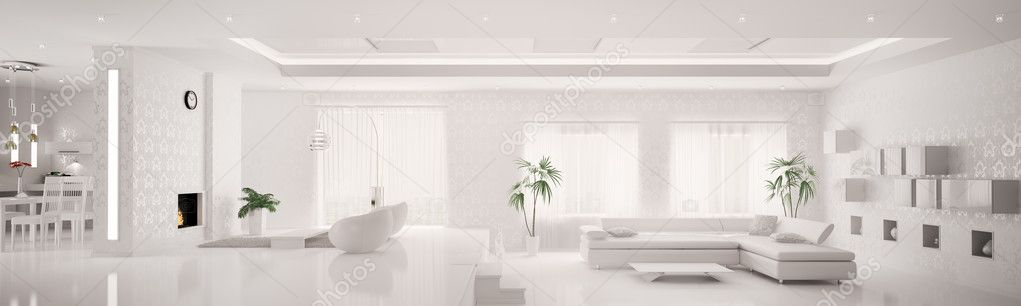 Witte interieur van moderne appartement panorama 3d render ...