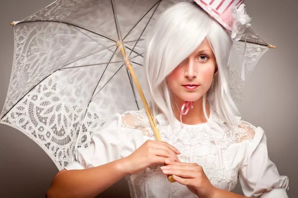 Pretty White Haired Woman with Parasol