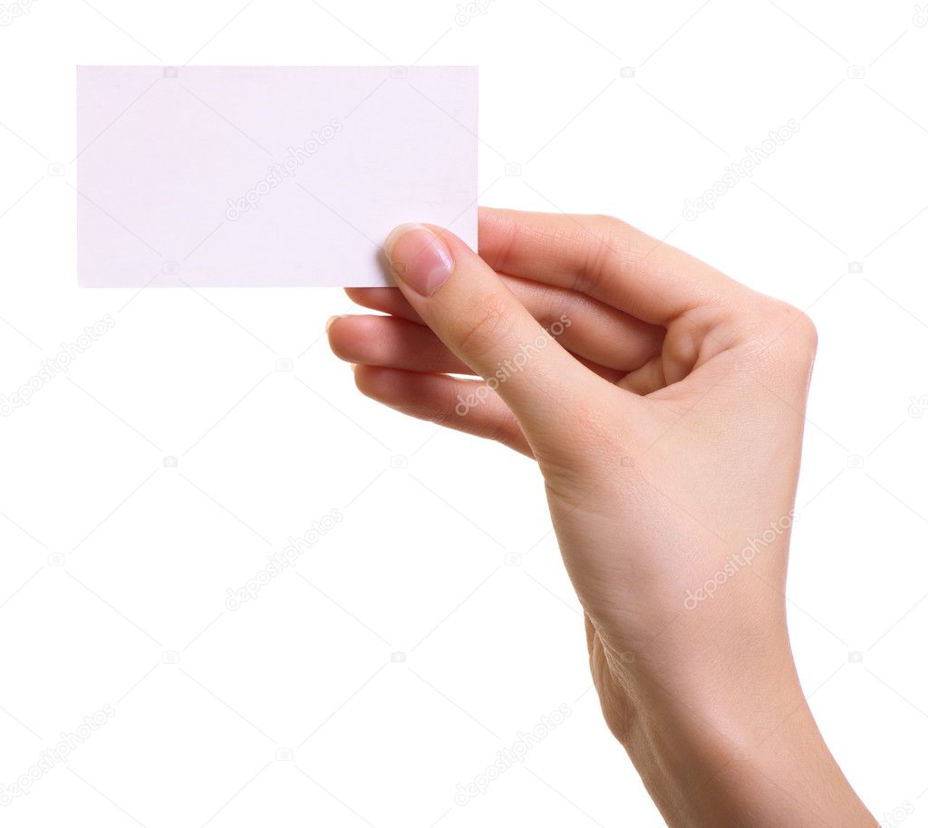 Paper card in woman hand isolated on white background — Stock Photo