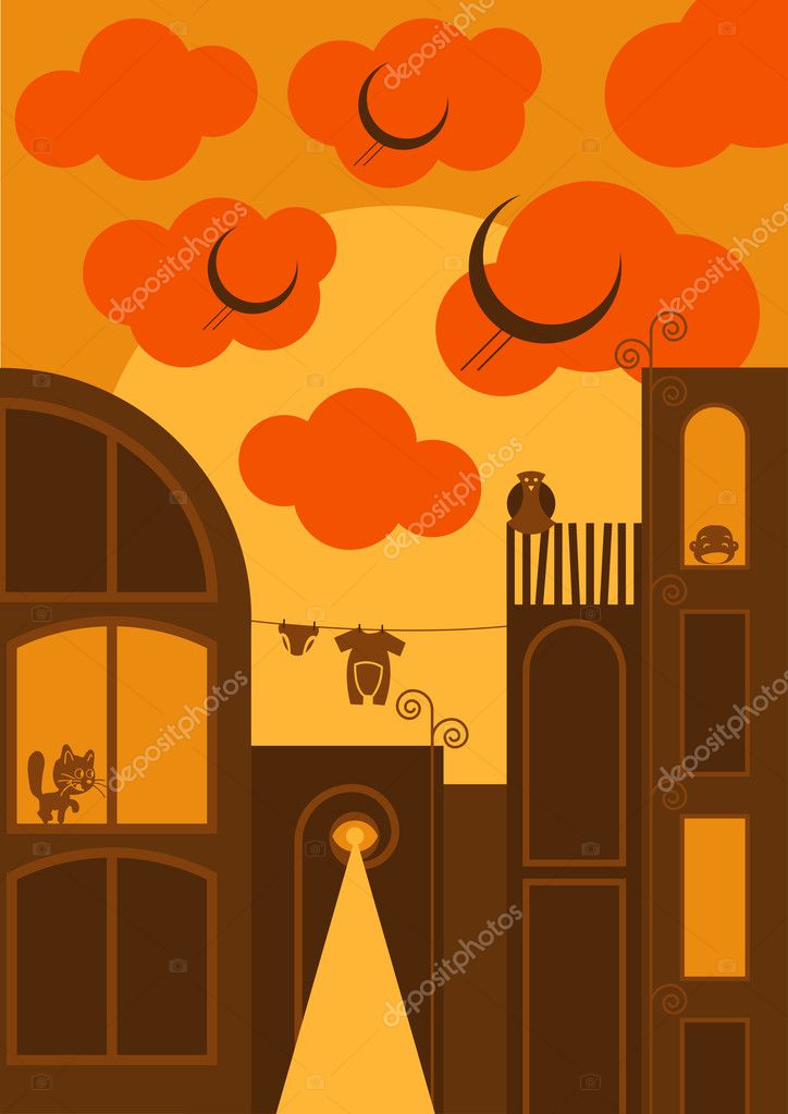 Estilo de desenho animado do fundo cidade vetor no pôr do sol ... Désign sol Desenho