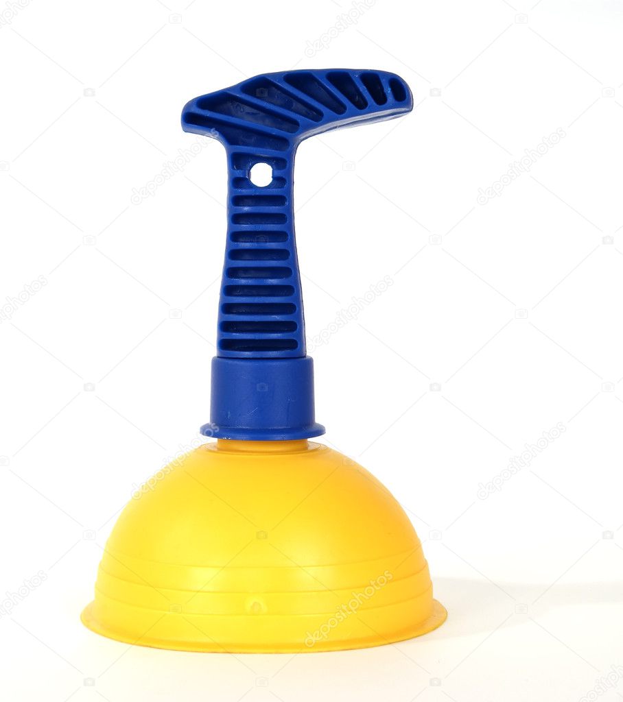 Rubber Toilet Plunger In Hand With Glove Isolated On White 