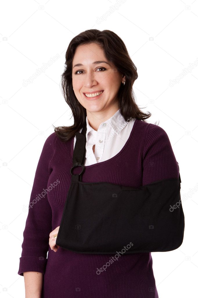 broken arm sling. Woman with roken arm in sling