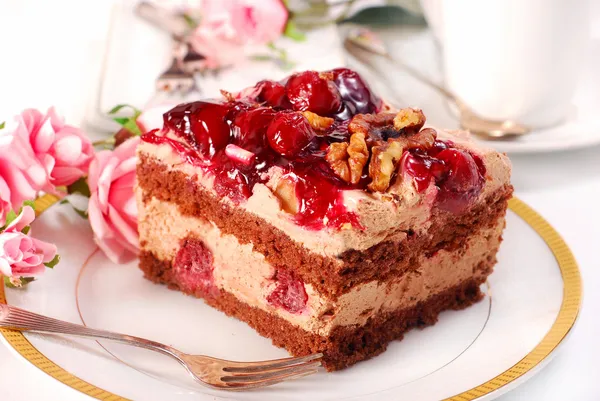 Chocolate and cherry cake with walnuts