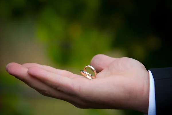 Old golden wedding rings on a man\'s hand