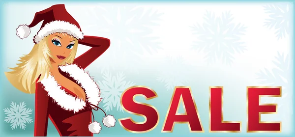 Christmas sale banner with Santa-girl. vector illustration