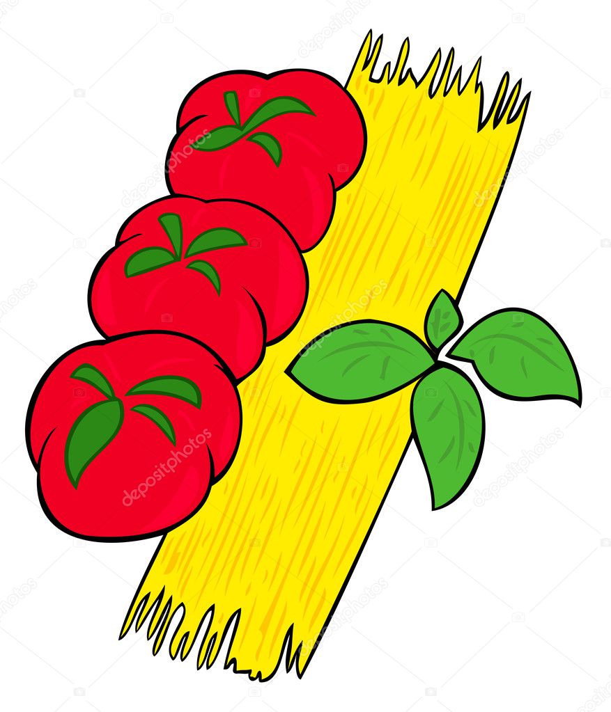 Spaghetti, tomatoes and basil leaves. — Stock Vector © milla74 4126407