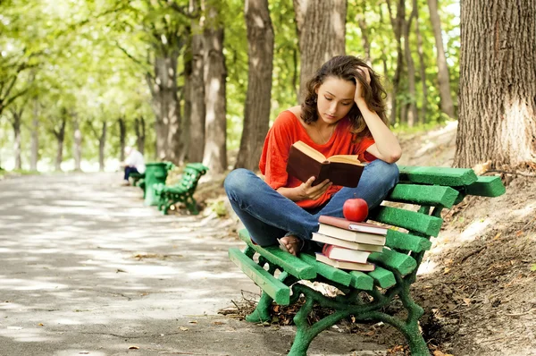 The girl with books sitting on a bench