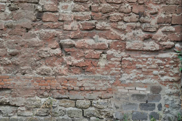 A wall of various bricks and stones