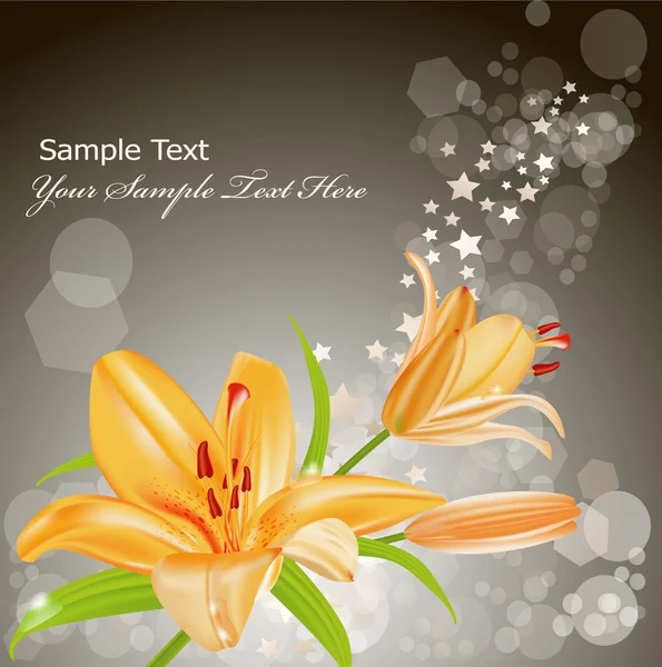 Vector card: orange lilies on a gray background of brilliant