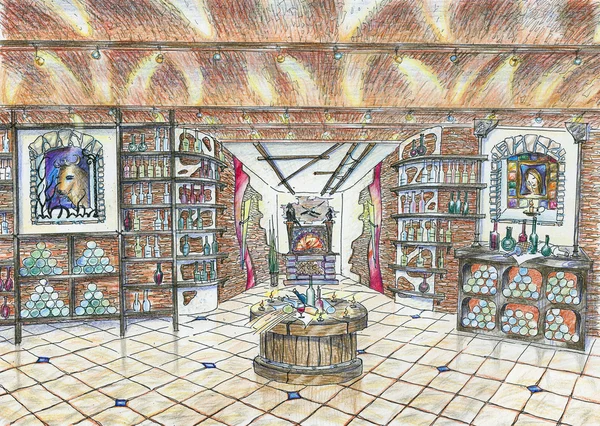 Sketch of interior of wine shop