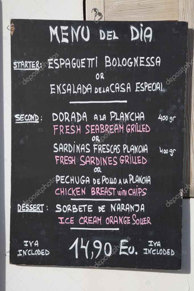 Tablero del menú en inglés y español — Fotos de Stock 4913649