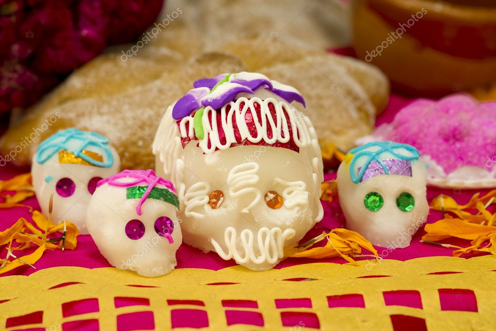 Sugar skulls from a day of the day Mexican holiday Dia de los Muertos with