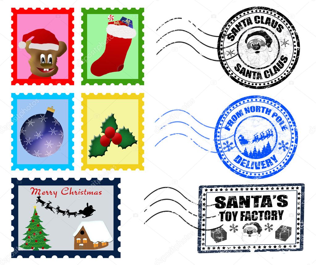 Estampillas Y Sellos Postales De Navidad Vector De Stock