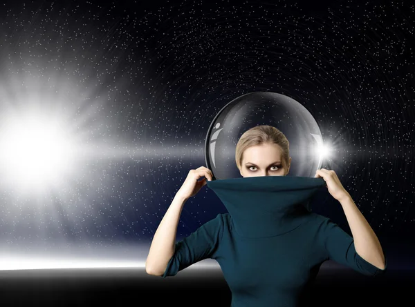 Fashion ninja woman in space with glass space-suit