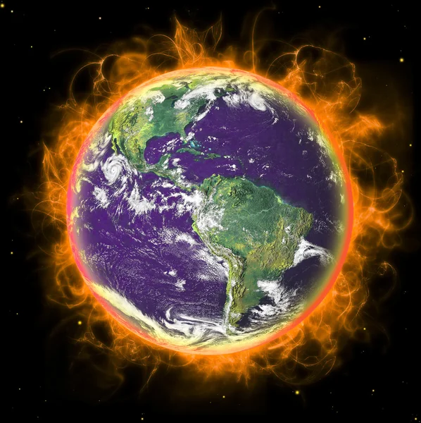 Real Earth Planet in space. In red fire.