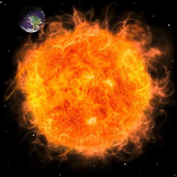 Real Earth Planet in space. Red fire sun.