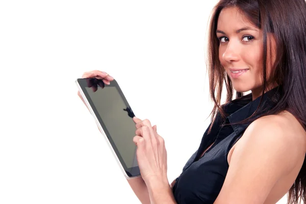 Woman touches typing digital tablet touch pad