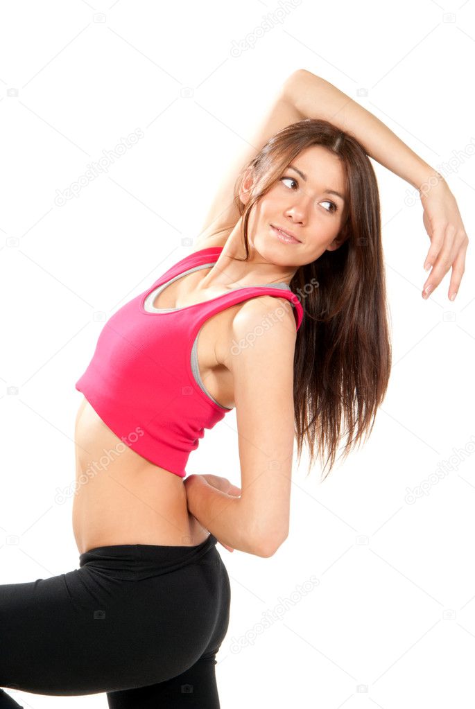 Fitness aerobic style dancer pose woman isolated over white background