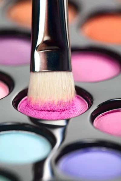  Shadow Brush on Eyeshadow Set With Makeup Brush Picking Up Color     Stock Image