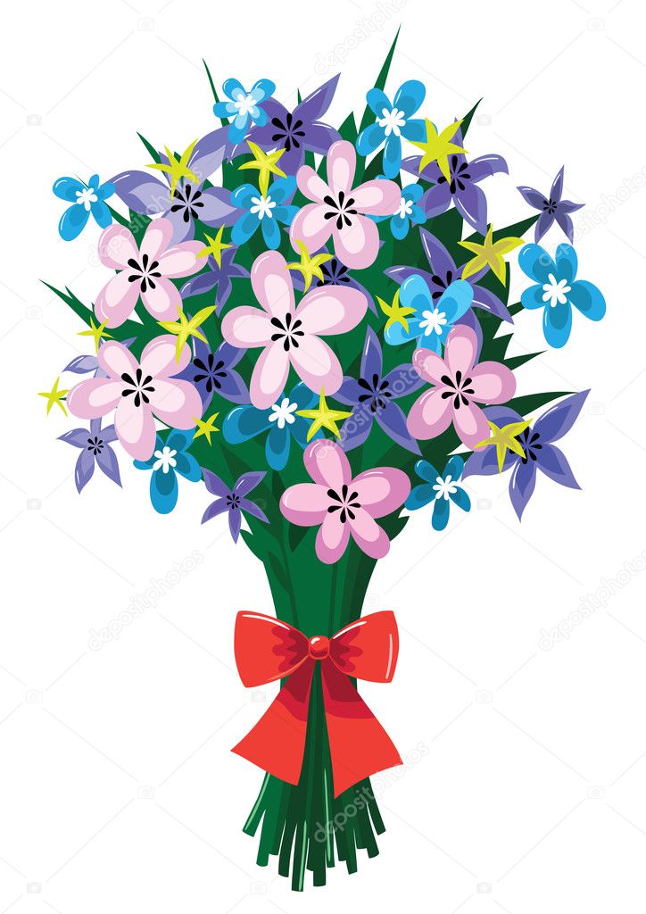 Huge bouquet of spring flowers with red bow - Stock Illustration