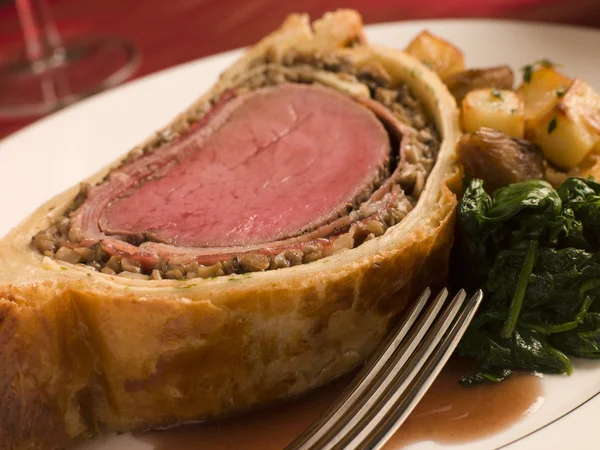 Slice of Beef Wellington with Spinach and Saut ed Potatoes