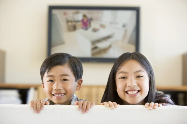 Two young children in living room with flat screen television sm