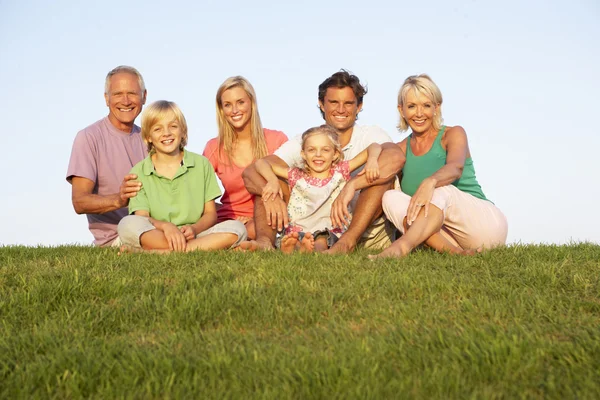 A family, with parents, children and grandparents, posing in a f